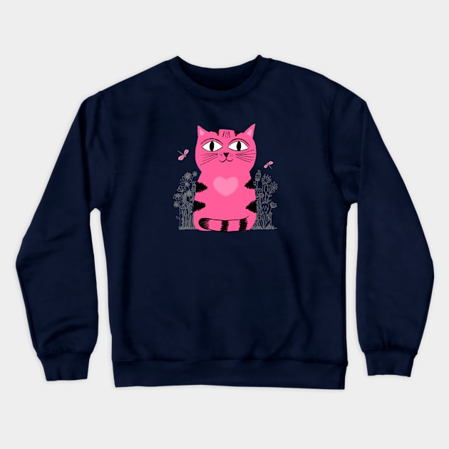 Bright Eyed Pink Heart Kitty In The Flower Garden Crewneck Sweatshirt by LittleBunnySunshine